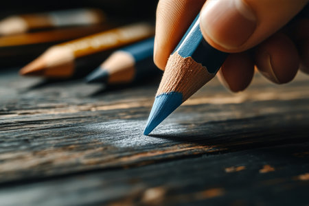 A hand grips a blue pencil, making delicate marks on a weathered wooden surface, with colored pencils in the background. Soft natural light enhances the artistic atmosphere.の素材