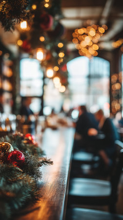 Warm lights illuminate the bustling interior of a cozy bar adorned with holiday decorations, creating a cheerful ambiance for patrons enjoying winter evenings.の素材