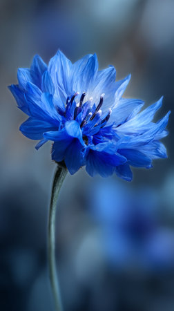 A vibrant blue flower stands out against a soft, blurred background, showing its intricate petals and details under natural light during the daytime.の素材