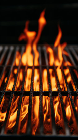 Flames flicker and rise from the hot grill grates, adding excitement to the summer barbecue. Friends enjoy food and laughter in a lively backyard setting at sunset.の素材