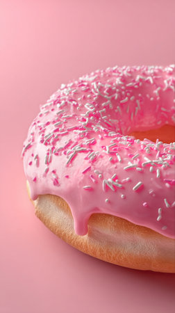 A delicious pink frosted donut sits on a light pink surface, topped with vibrant colorful sprinkles, inviting a sweet indulgence.の素材