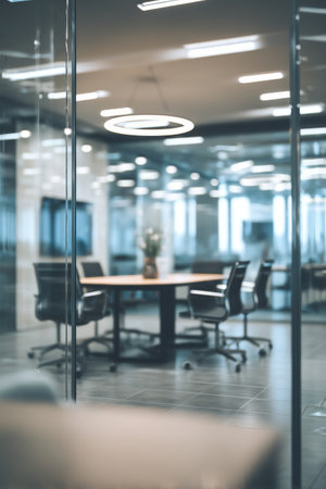 Bright office space featuring a glass-walled meeting area with a large table and chairs, promoting collaboration in a contemporary setting during daylight hours.の素材