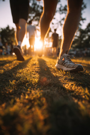 Joggers move along a grassy path as the sun sets, creating long shadows against the vibrant backdrop of a golden evening sky.の素材