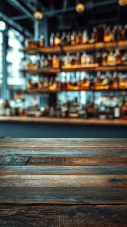 An inviting wooden bar table is set in a stylish cocktail lounge. Behind the table, shelves sparkle with an array of colorful spirits and glasses, creating a warm ambiance.の素材