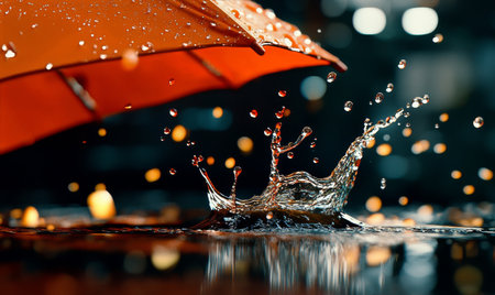 Raindrops fall onto the surface, creating splashes around a bright orange umbrella. Soft city lights blur in the background, enhancing the nighttime atmosphere.の素材