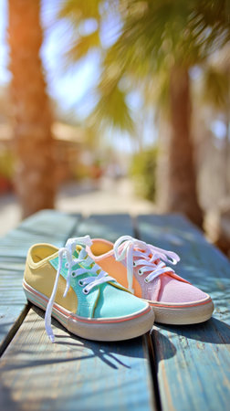 Brightly colored casual shoes in green, orange, and yellow rest on a sunlit wooden table surrounded by palm trees. The atmosphere feels relaxed and tropical.の素材