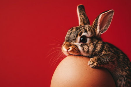 A small rabbit with big ears is cuddled inside a broken egg, set against a bright red backdrop. The scene captures a playful moment that symbolizes new beginnings.の素材