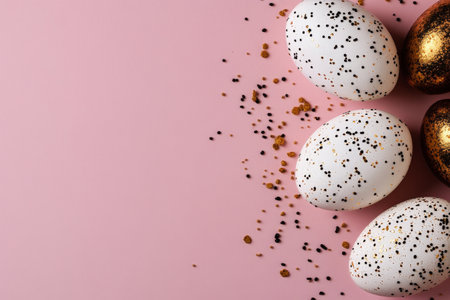 Decorated eggs featuring black and gold speckles rest against a soft pink background, surrounded by a sprinkle of glitter, perfect for festive celebrations.の素材