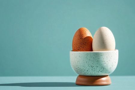 Two eggs sit elegantly in a speckled bowl against a pastel background, showcasing a warm ochre and a smooth white egg, illuminated by soft sunlight.の素材