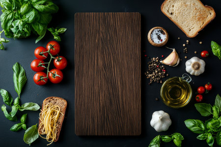 A wooden cutting board sits center stage surrounded by fresh ingredients like tomatoes, garlic, herbs, and pasta, ideal for creating a flavorful Italian dish in a home kitchen.の素材