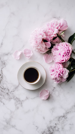 A coffee cup rests on a white saucer, surrounded by pink peonies on a marble surface. Delicate petals are scattered nearby, creating a charming and serene atmosphere in natural light.の素材
