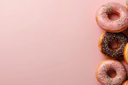 Several donuts with pink and chocolate icing sit on a light pink background, showcasing sprinkles and textures, perfect for a dessert display.の素材
