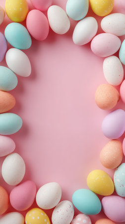 Vibrant pastel eggs in various shades are carefully arranged in a circular pattern on a soft pink background, ideal for spring festivities and seasonal decorations.の素材
