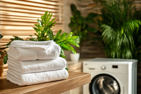 Soft towels are neatly stacked on a light countertop next to decorative bottles and fresh greenery, creating a cozy yet elegant atmosphere in a contemporary bathroom.の素材