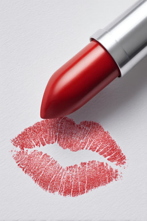 A bright red lipstick rests beside a kiss mark on a white surface, showing the rich color and smooth texture. The kiss mark features clear lip impressions, indicating use.の素材