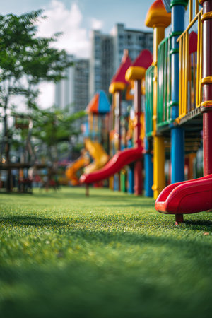 Colorful playground equipment stands tall over freshly cut grass. The vibrant yellow and red poles create a cheerful environment for children enjoying outdoor play on a sunny day.の素材