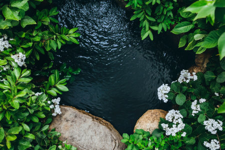 A tranquil pond nestled among vibrant green plants and white flowers, reflecting the serene environment of a garden during a sunny day.の素材