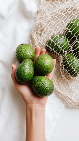 A hand holds multiple vibrant green avocados next to a mesh bag filled with more avocados on soft white fabric, showing their fresh texture and color.の素材