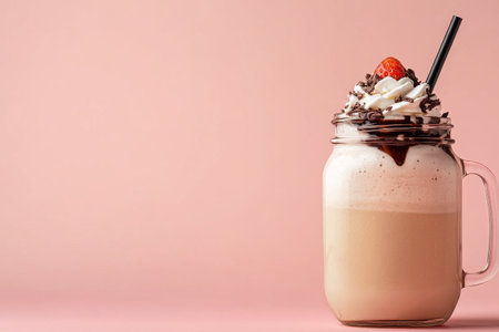 A vibrant strawberry smoothie is served in a glass jar, adorned with a striped straw. The smoothies rich pink color contrasts beautifully with the soft pink backdrop.の素材