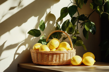 Fresh yellow lemons are arranged in a wicker basket, accentuated by green leaves and bathed in warm natural sunlight streaming through a nearby window.の素材