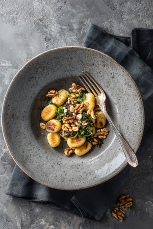 Gnocchi is beautifully arranged with fresh spinach and toasted walnuts in a modern dish. The soft texture and rich flavors highlight a comforting meal perfect for any occasion.の素材