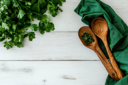 Fresh green cilantro is placed beside wooden spoons on a rustic white kitchen surface. A green cloth adds texture, creating an inviting atmosphere for cooking activities.の素材
