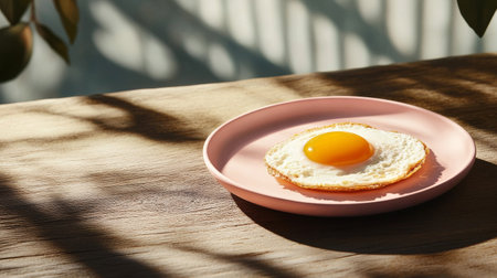 A perfectly cooked fried egg sits on a pink plate, highlighting a bright yolk and crisp edges. Sunlight creates playful shadows, enhancing the tropical feel of the setting.の素材
