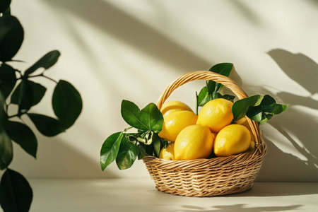 Bright yellow lemons rest in a woven basket, surrounded by vibrant green leaves, with soft shadows dancing on the light wall behind them.の素材