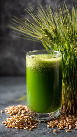 A vibrant green drink sits in a clear glass, surrounded by fresh wheatgrass and grains, highlighting the healthy ingredients. The background is soft and gray, enhancing the colors.の素材