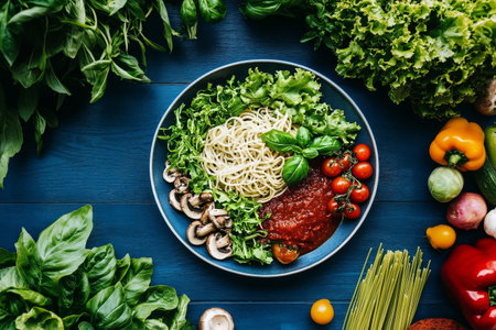 Spaghetti topped with vegetables and herbs is served on a dark blue plate surrounded by fresh produce on a rustic wooden table in bright natural light.の素材