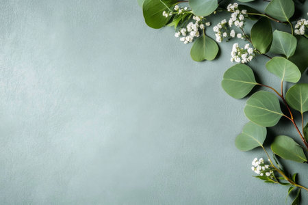 Eucalyptus leaves with delicate white flowers are artfully placed on a soft, textured surface, creating a serene and natural aesthetic perfect for decoration or design inspiration.の素材