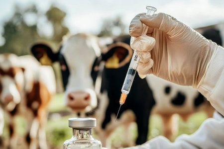 A veterinarian expertly injects a vaccine into a syringe while preparing to treat a cow on a sunny day at a rural farm. Cattle graze in the background, illustrating farm life.の素材