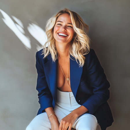 A joyful young woman with wavy hair smiles while sitting against a light wall. Sunlight creates soft shadows, enhancing her relaxed appearance and the modern ambiance around her.の素材