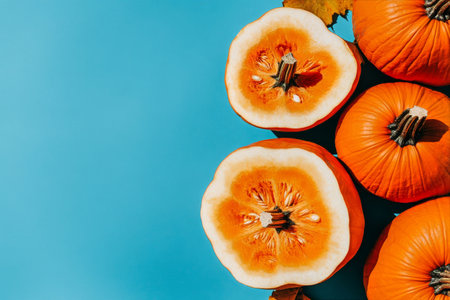 Various pumpkins in shades of orange and white are artistically placed on a vibrant blue background, creating a cheerful autumn display perfect for seasonal decor and celebrations.の素材