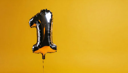 A shiny silver balloon shaped like the number one stands tall against a bright yellow backdrop, perfect for marking special occasions such as birthdays and anniversaries.の素材