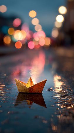 A delicate paper boat made from patterned paper drifts in a puddle on the street. Evening lights from nearby buildings reflect in the water, creating a vibrant atmosphere.の素材