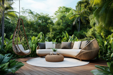 A serene outdoor lounge features comfortable seating amidst vibrant plants and trees, creating a peaceful retreat for relaxation and enjoyment in nature.の素材