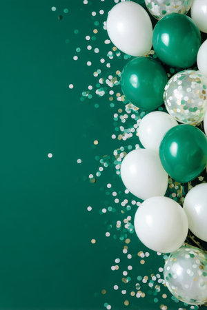 Bright green and white balloons decorate a vibrant green background, surrounded by shimmering confetti, setting a joyful mood for a party or celebration.の素材