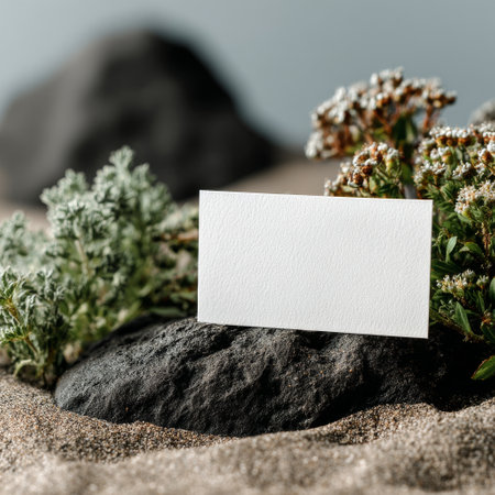 A blank card rests on a dark rock in the sand, framed by small green plants. The setting highlights the contrasting textures of nature and the cards smooth surface.の素材