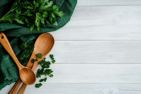 Various wooden utensils are neatly arranged on a white wooden surface with fresh herbs and a green fabric placed alongside them, creating a warm, inviting kitchen atmosphere.の素材