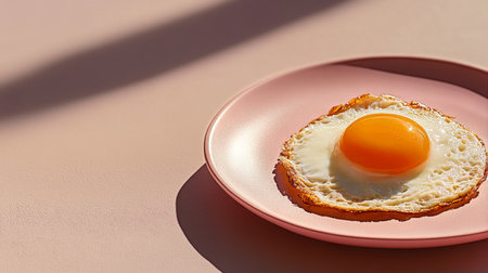 A perfectly cooked fried egg with a golden yolk rests on a pink plate. Soft sunlight shines over the breakfast item in a serene kitchen environment, highlighting its texture.の素材