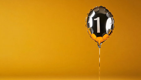 A shiny silver balloon shaped like the number one stands tall against a bright yellow backdrop, perfect for marking special occasions such as birthdays and anniversaries.の素材