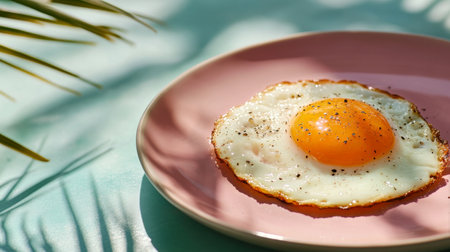 A perfectly cooked fried egg sits on a pink plate, highlighting a bright yolk and crisp edges. Sunlight creates playful shadows, enhancing the tropical feel of the setting.の素材