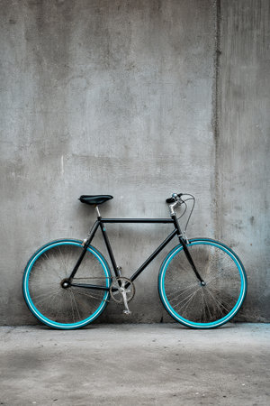 A sleek black bicycle with bright turquoise wheels stands against a rough concrete wall in an urban area.の素材
