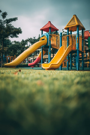 Brightly colored playground features yellow and red slides, surrounded by green grass and trees, inviting children to play in a family-friendly environment during overcast weather.の素材