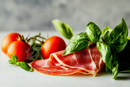 Bright fresh ingredients arranged on a light surface, featuring ripe tomatoes, aromatic basil leaves, and thinly sliced meat ready for culinary preparation.の素材