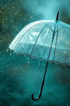 A clear umbrella stands resilient amidst a downpour of rain, droplets cascading around it, creating a serene yet dynamic atmosphere during a stormy afternoon.の素材