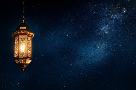 A beautifully designed lantern emits a warm glow against a backdrop of countless stars in a serene night sky. The peaceful ambiance enchants anyone who gazes upward.の素材