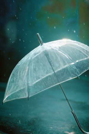 Raindrops fall gently around a transparent umbrella positioned on a wet surface, illuminated by soft blue lighting during a rainy day.の素材