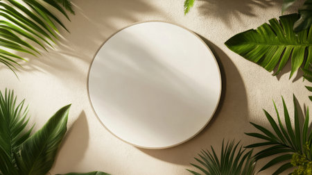 A round mirror is framed by vibrant green foliage, casting shadows on a textured wall. The bright light enhances the refreshing and organic atmosphere of the space.の素材